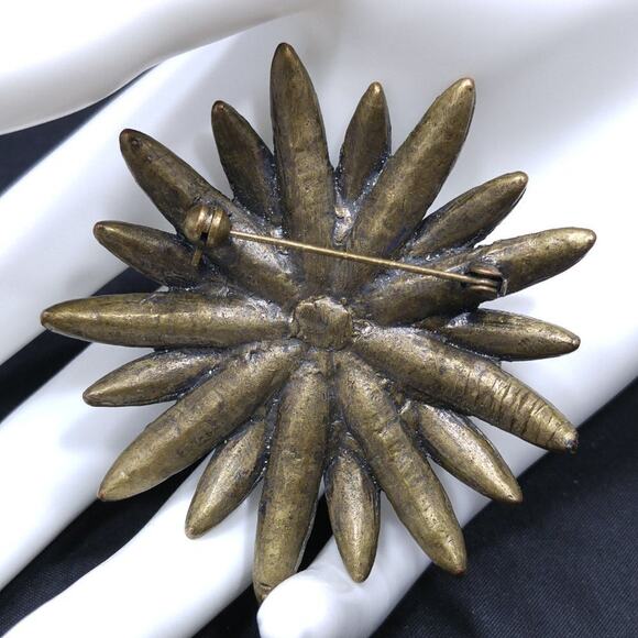 Vintage Flower Rhinestone Brooch, Bronze Tone, AB Rhinestones, 1990, 2 1/2 Inch - Picture 3 of 5